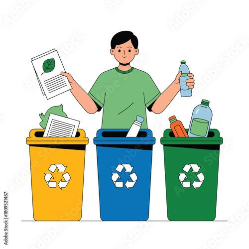 Person sorting recyclables into three colored bins for proper waste management and environmental protection.