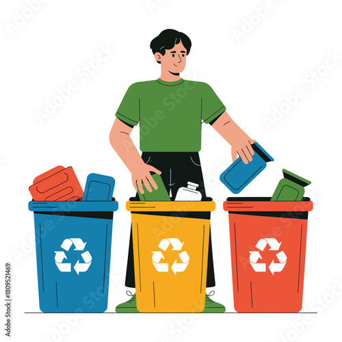 A person sorts recyclables into different colored bins for waste management.
