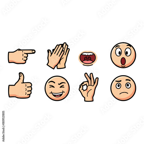 Collection of cartoon-style emojis and gestures conveying different emotions and expressions
