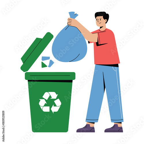 Man throws a full blue garbage bag into a green recycling bin.