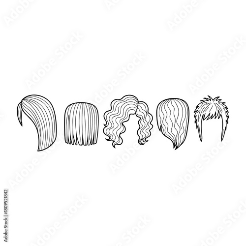 Collection of five distinct hairstyles illustrated in a clean, graphic, black and white line art style