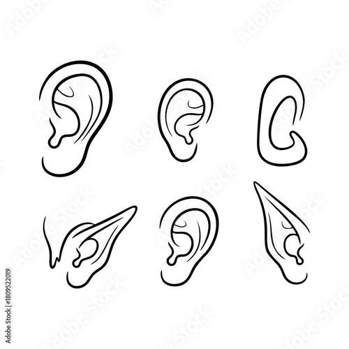 A collection of six hand-drawn ear outlines, featuring various human and fantasy elf styles in a simple vector line art format 13