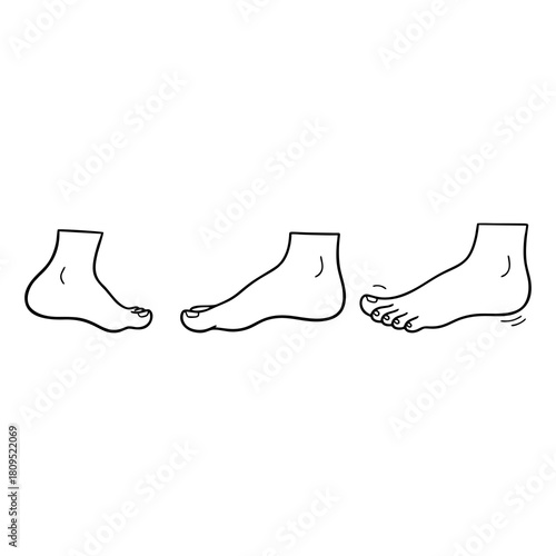 Set of minimalist outline illustrations showcasing the human foot from various side views, depicting different natural positions and basic anatomical movements like flexing and wiggling toes
