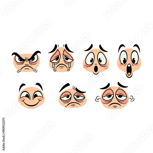 Collection of diverse cartoon face expressions depicting a range of human emotions from joy and surprise to anger and exhaustion, perfect for avatars or emotional communication