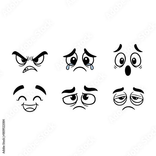 Cartoon Faces Set Showing Different Emotions Anger, Sadness, Joy, and Confusion