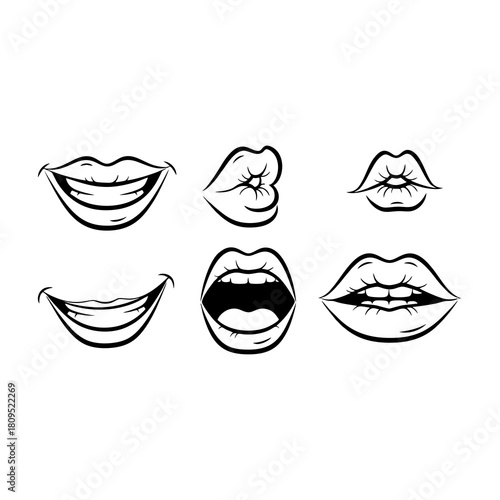 Collection of Line Art Lips Various Mouth Expressions for Design and Communication