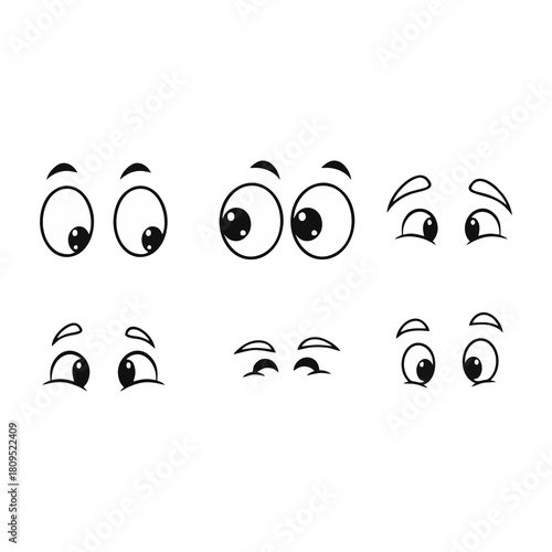 Versatile set of expressive cartoon eyes illustrating various emotions and gazes, from curious to surprised, perfect for animation, comic characters, and creative graphic design projects