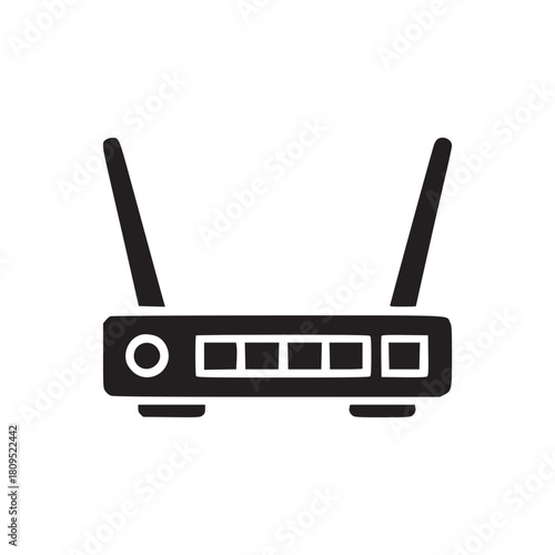 A minimalist black and white illustration of a wireless internet router with two antennas