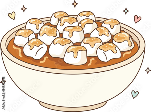A bowl of tofu pudding with brown sugar syrup, surrounded by hearts and stars.