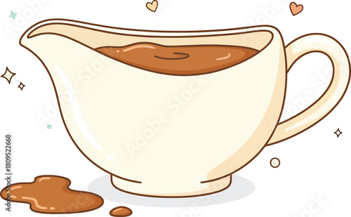 Cartoon gravy boat filled with brown gravy, with hearts and sparkles.