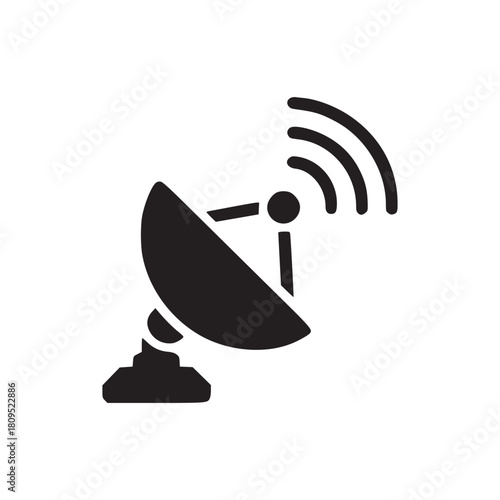 Isolated black satellite dish with radio waves on a white background in simple graphic style