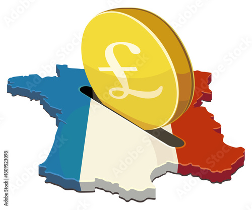 A pound coin being inserted into a slot on the France map (flag colors). Concept for foreign investment, finance, or economic aid in Europe. (cut out)