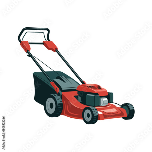 A bright red push lawnmower sits ready to trim the grass on a sunny day.