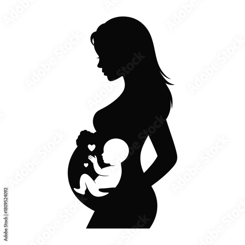 Silhouette of a pregnant woman cradling her belly with a baby inside.