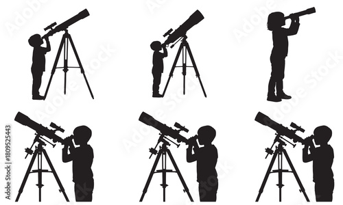 Children silhouettes observing the night sky through telescopes on tripods silhouette