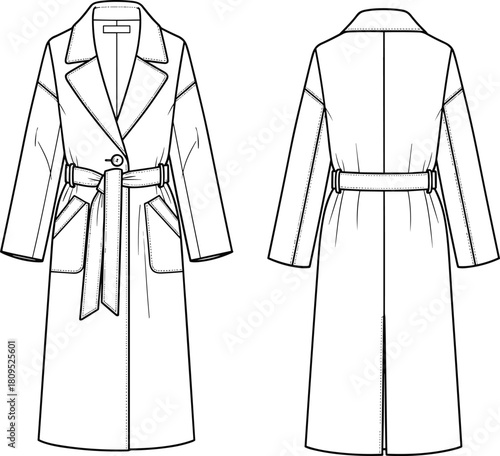 Flat vector trench coat fashion sketch, front and back view, belted design, technical garment drawing, stylish outerwear, clothing illustration