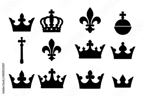 Collection of royal crown and fleur-de-lis silhouettes.