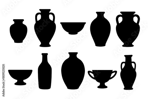 Silhouettes of various ancient vases and amphorae on white background.