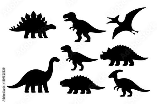Silhouette dinosaur collection: t-rex, stegosaurus, triceratops, pterodactyl, brachiosaurus, parasaurolophus.