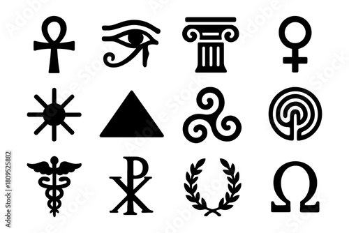 Ancient symbols: ankh, eye of horus, column, venus, sun, pyramid, celtic, labyrinth, caduceus, chi rho, laurel, omega.