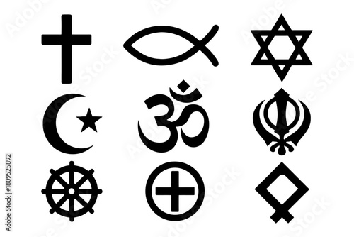 Symbols of major world religions: cross, star of david, om, crescent.