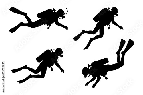 Silhouettes of scuba divers underwater adventure exploration.
