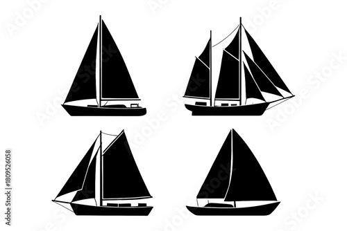 Silhouette collection of four distinct sailboats with unique designs.