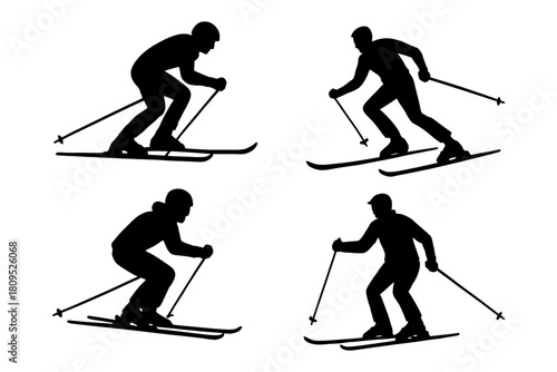 Silhouettes of skiing adults in dynamic poses on skis.