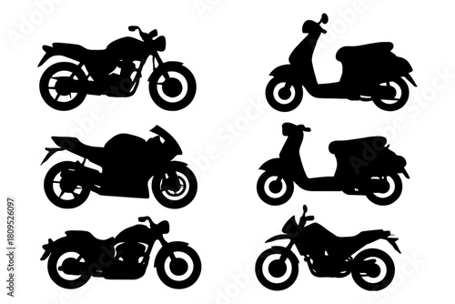 Silhouettes of various motorcycles and scooters in black.