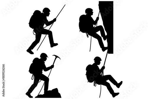 Silhouetted male climbers engaged in various outdoor climbing activities.