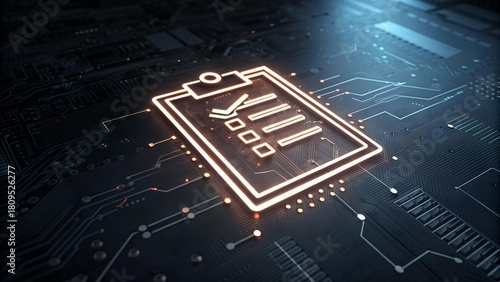 A glowing digital checklist rests atop a complex, dark-toned circuit board