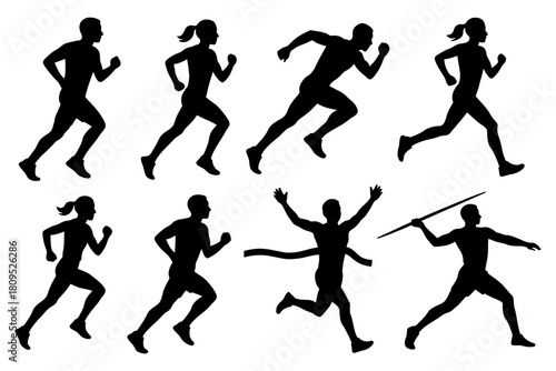 Silhouettes of diverse runners in dynamic poses engaging in athletic activities.