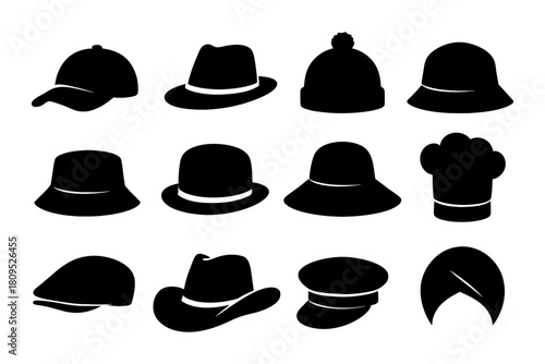 Various hat silhouettes: fedora, beanie, bucket, beret, cap collection.