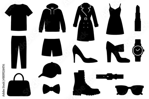 Silhouette collection of various fashion items and accessories.