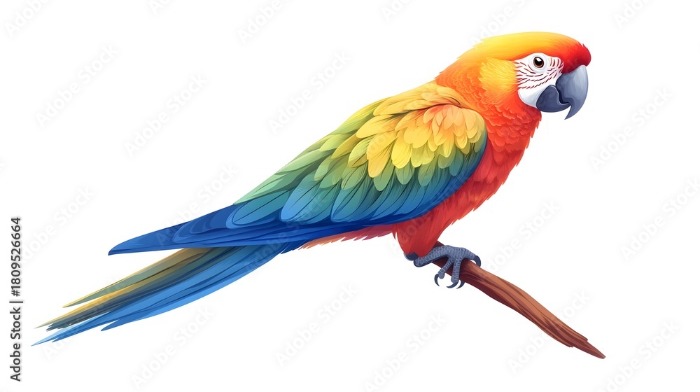 Fototapeta premium Vibrant Cartoon Parrot with Colorful Feathers on White Background