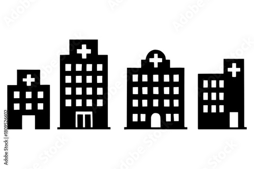 Silhouette of four medical buildings with cross symbols.