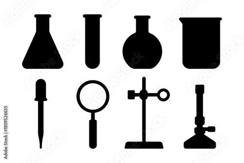 Silhouette of laboratory glassware and equipment icons.