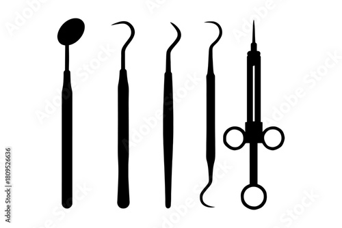 Silhouettes of dental tools and syringe for oral healthcare procedures.