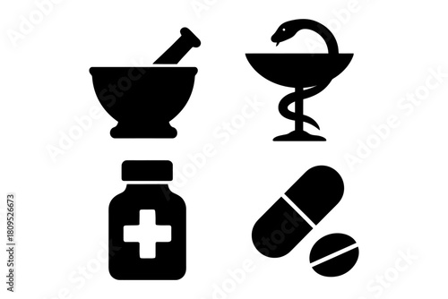 Pharmacy symbols: mortar and pestle, bowl of hygieia, medicine bottle, pills.
