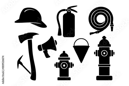 Firefighting tools and equipment icons set: axe, hydrant, extinguisher, and more.