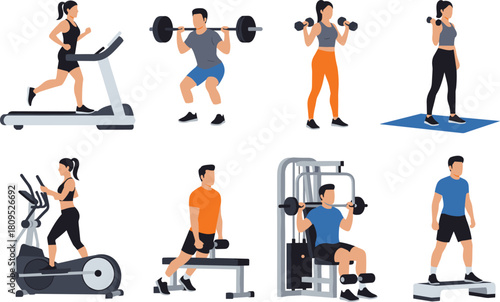 Gym workout illustration, fitness exercise vector, people training in gym, cardio and strength workout, bodybuilding design, healthy lifestyle, sports activity, equipment