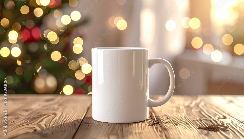 Obraz premium White ceramic mug mockup | rustic wooden table | warm Christmas lights and cozy holiday background 