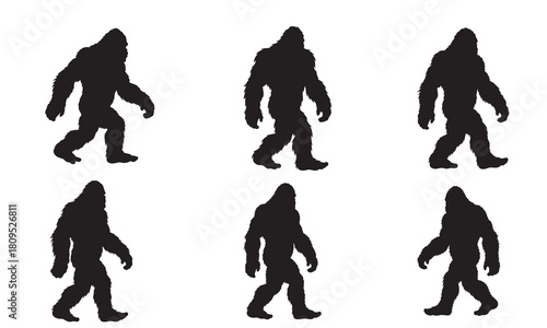 Collection of six bigfoot silhouettes in various walking poses on a white background with adobe illustrator icon