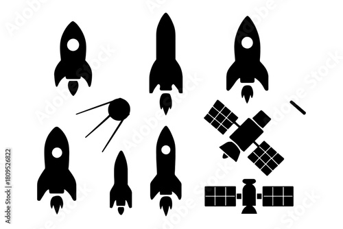 Silhouette rockets and satellites collection in space-themed illustration.