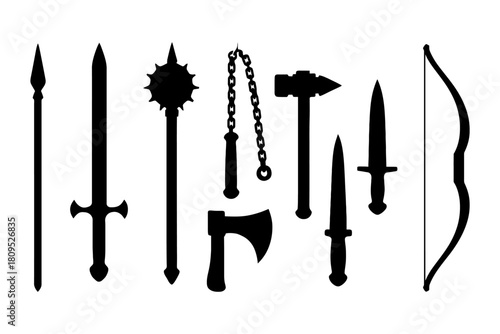 Silhouettes of medieval weapons collection: sword, axe, bow, and more.