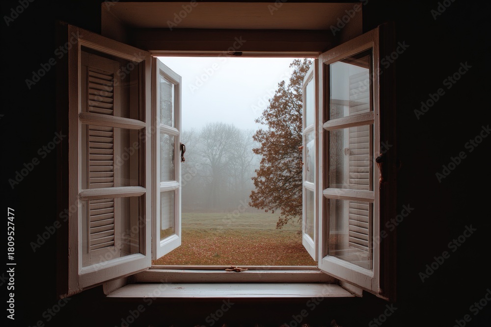 Fototapeta premium Open window, foggy view of trees and field