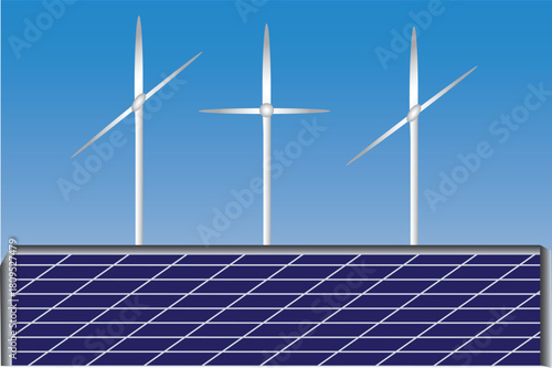 Renewable energy combination solar panels and wind turbines against a blue sky