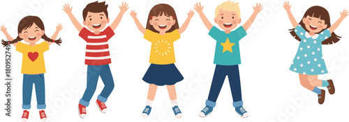 Happy cartoon children, kids jumping, joyful playtime, diverse boys and girls, fun childhood moments, smiling faces, friendship, energy, celebration, happiness