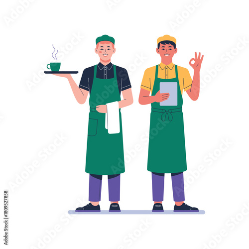 Two friendly baristas stand ready to serve customers with a smile and a coffee.