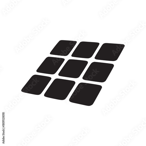 A minimalist rendering of nine black squares arranged in a grid pattern on a white background plane